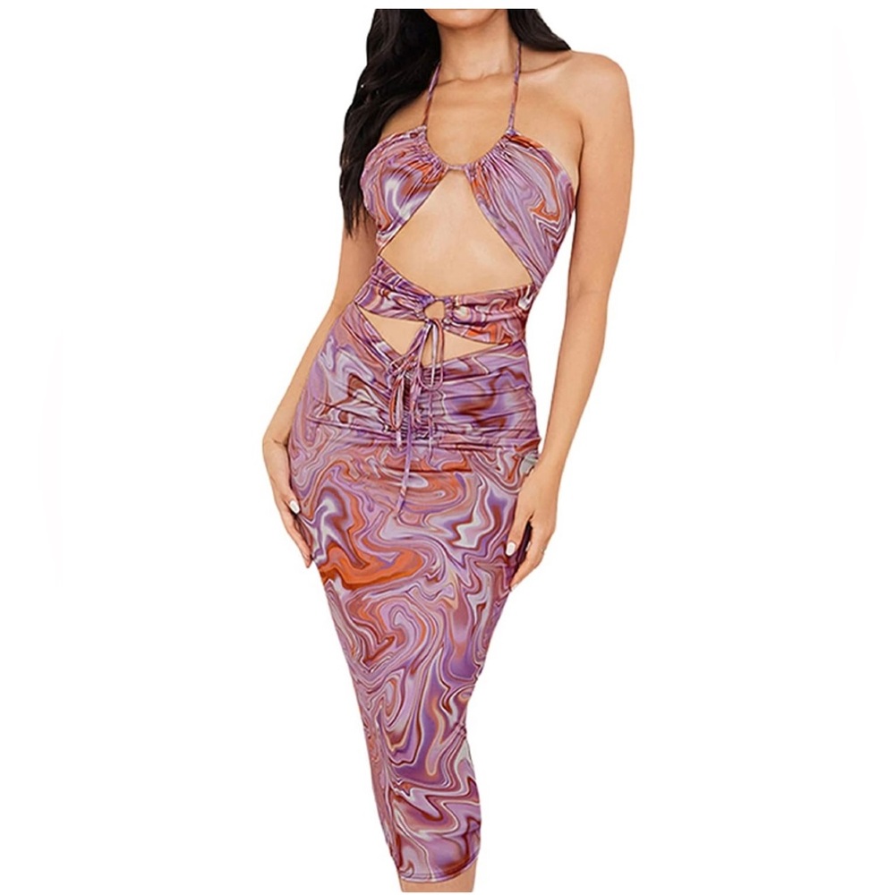 Y2K Sexy Tie Dye Halter Neck Bodycon Dress Split V Neck Cutout Dress boho size M